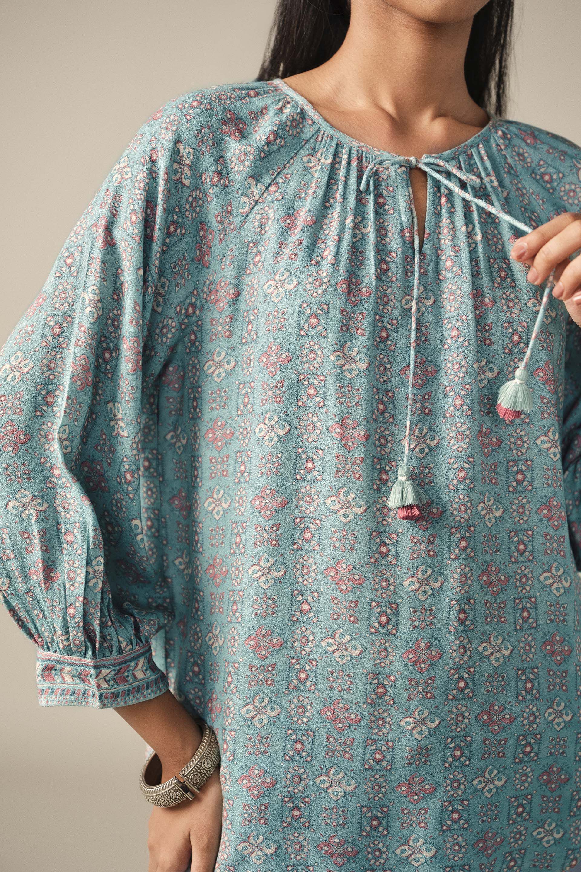 A-Line Printed Peasant Top in Teal, Teal, image 2
